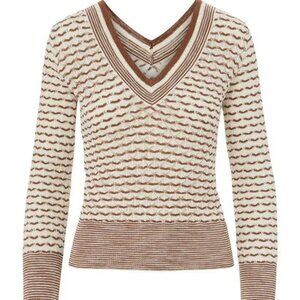 NWT Womens Veronica Beard (Item- 33) White Light Brown Zinya V-Neck Sweater M